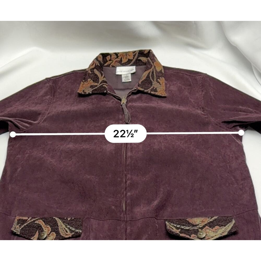 Susan Graver Jacket Large Purple Faux Suede Zip Front SW Tapestry Trim Stretch L - Picture 7 of 9